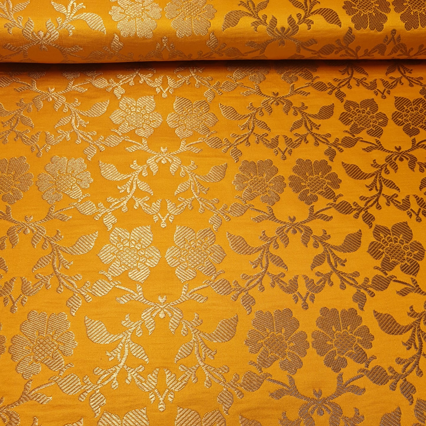 Yellow Banarasi Brocade Fabric with Gold Zari Floral Design | Premium Indian Jacquard Material By Meter 44"