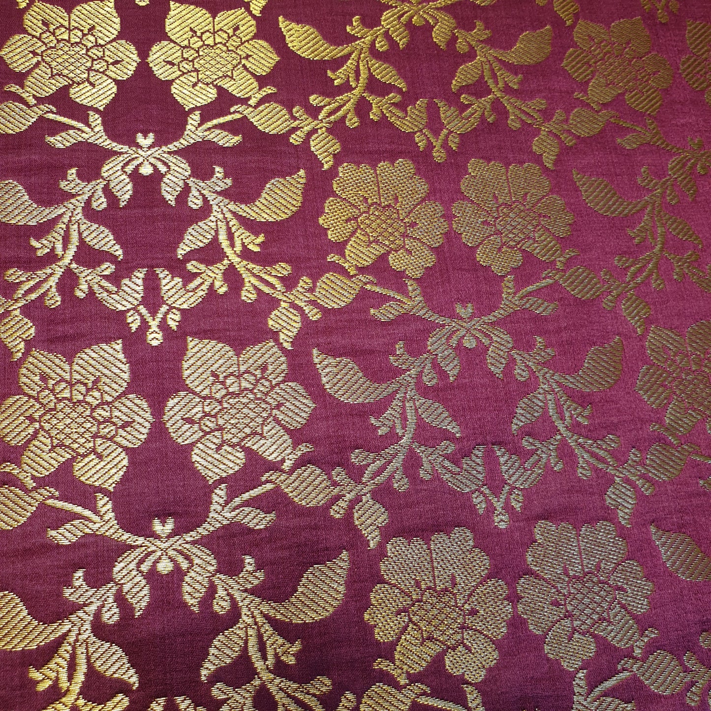 Wine Banarasi Brocade Fabric with Gold Zari Floral Design | Premium Indian Jacquard Material By Meter 44"