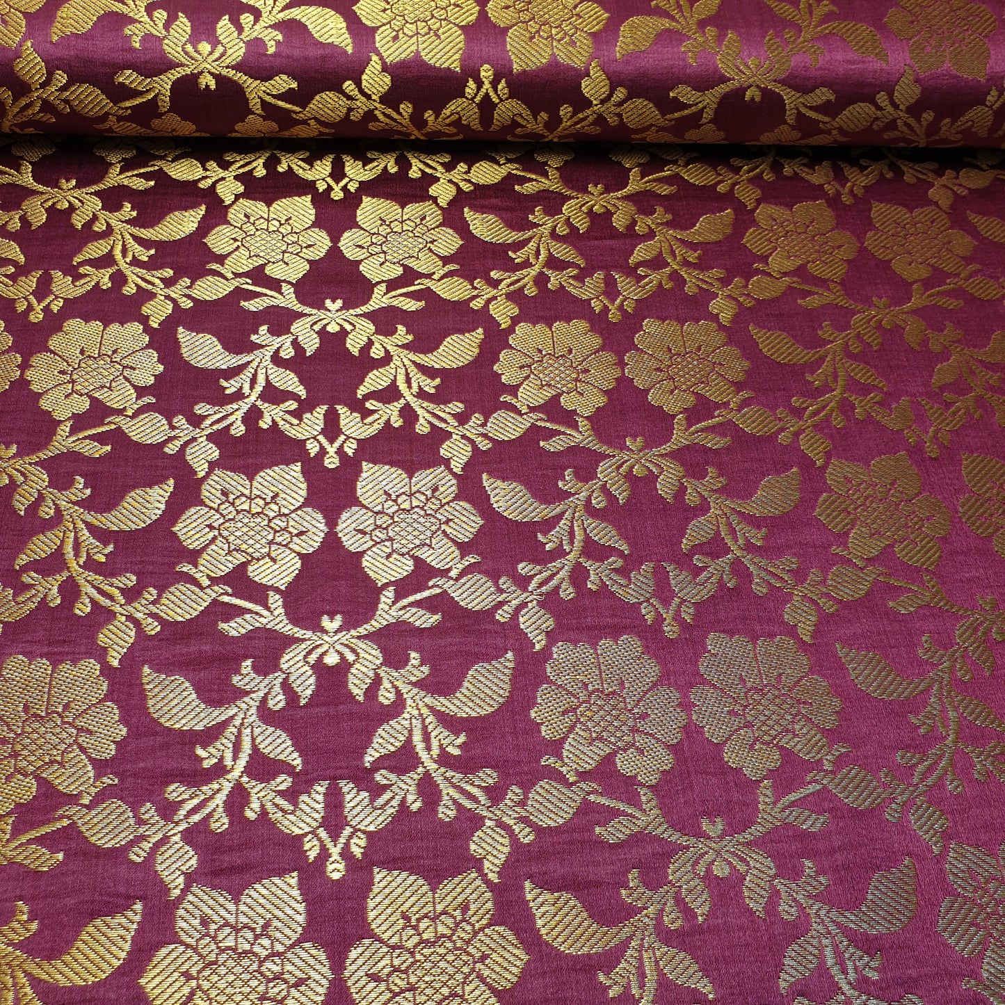 Wine Banarasi Brocade Fabric with Gold Zari Floral Design | Premium Indian Jacquard Material By Meter 44"