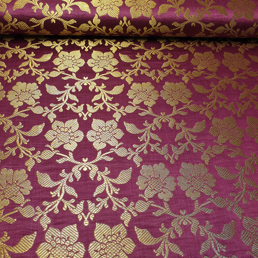 Wine Banarasi Brocade Fabric with Gold Zari Floral Design | Premium Indian Jacquard Material By Meter 44"