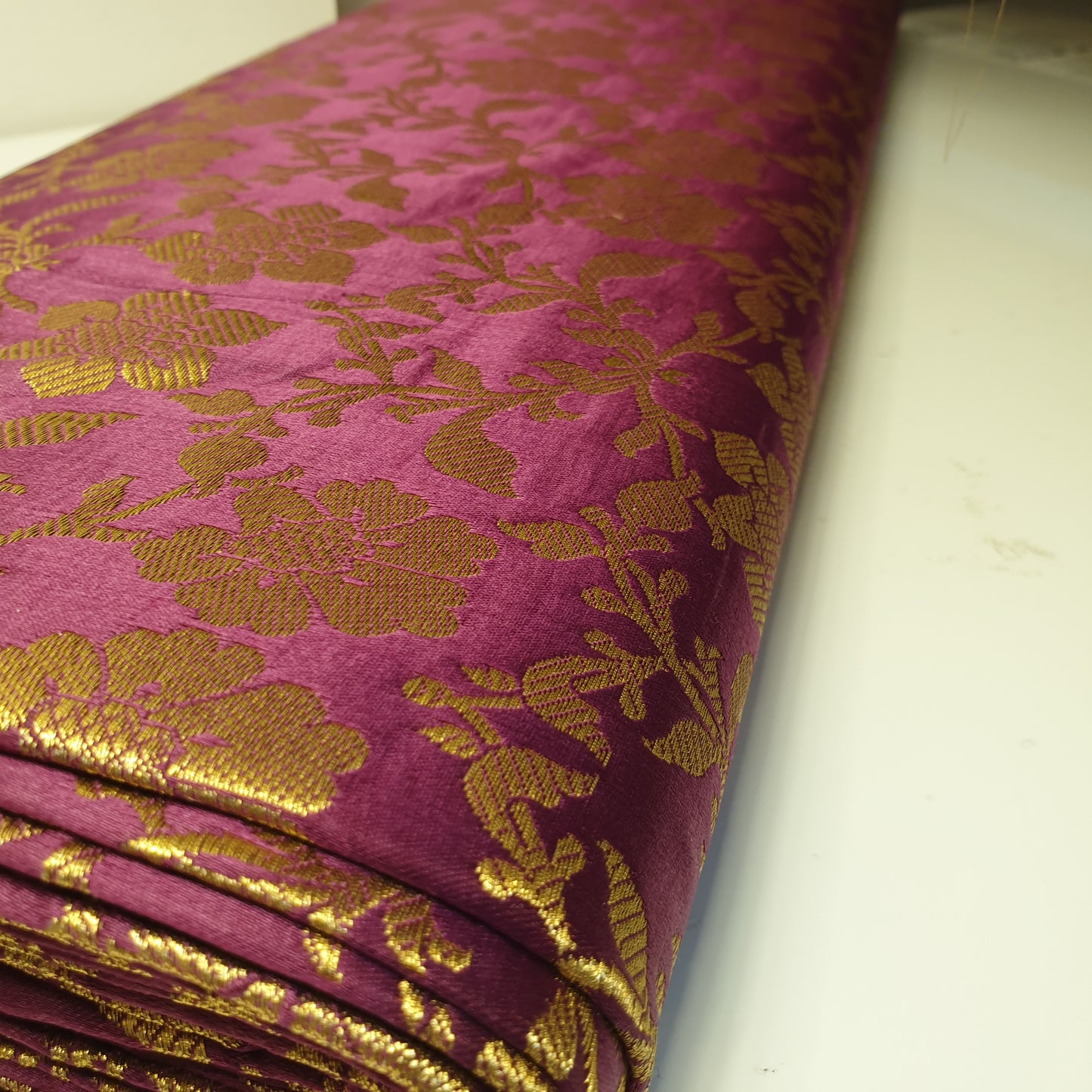 Wine Banarasi Brocade Fabric with Gold Zari Floral Design | Premium Indian Jacquard Material By Meter 44"