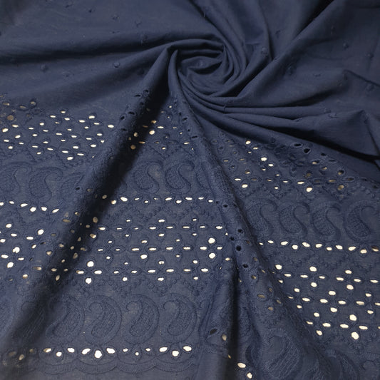 Navy 100% Cotton Voile Floral Embroidery Fabric Broderie Anglaise Dress Craft Material 44" By the Meter