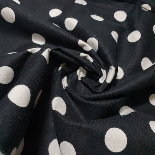 Black Large Polka 100% Cotton Flannel Winceyette Brush Fabric Dress Craft Quilting Material 44" By The Metre