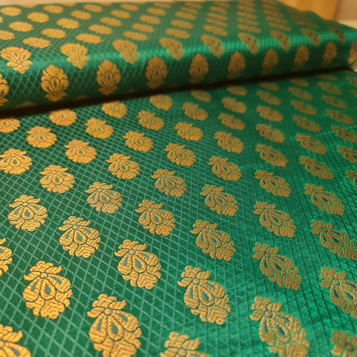 Jade Banarasi Brocade Fabric with Gold Zari Paisley Floral Design | Premium Indian Jacquard Material By Meter 44"