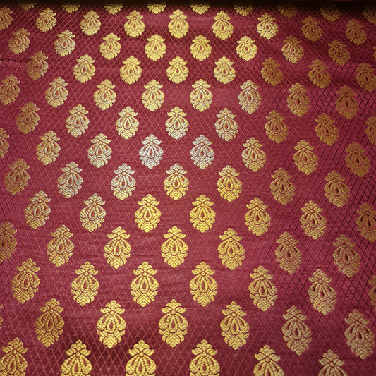 Burgundy Banarasi Brocade Fabric with Gold Zari Paisley Floral Design | Premium Indian Jacquard Material By Meter 44"