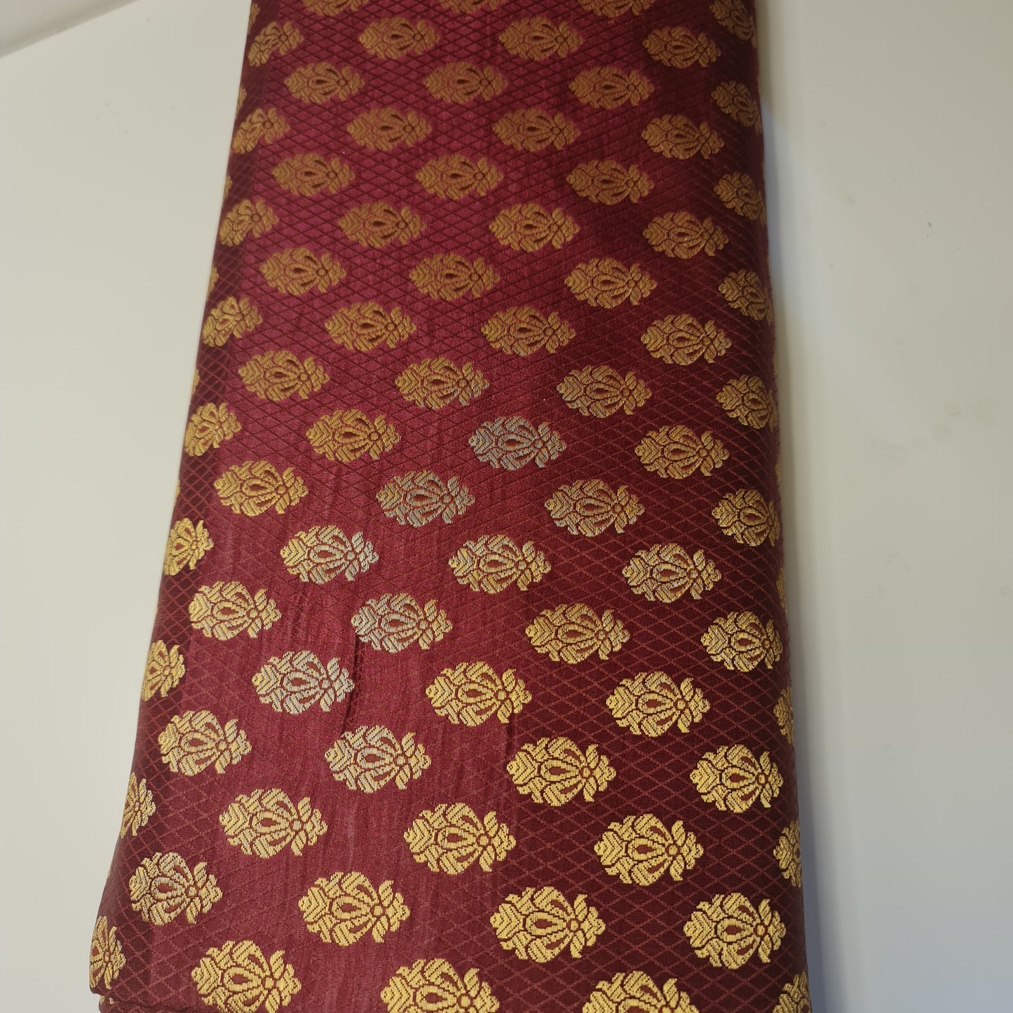 Burgundy Banarasi Brocade Fabric with Gold Zari Paisley Floral Design | Premium Indian Jacquard Material By Meter 44"