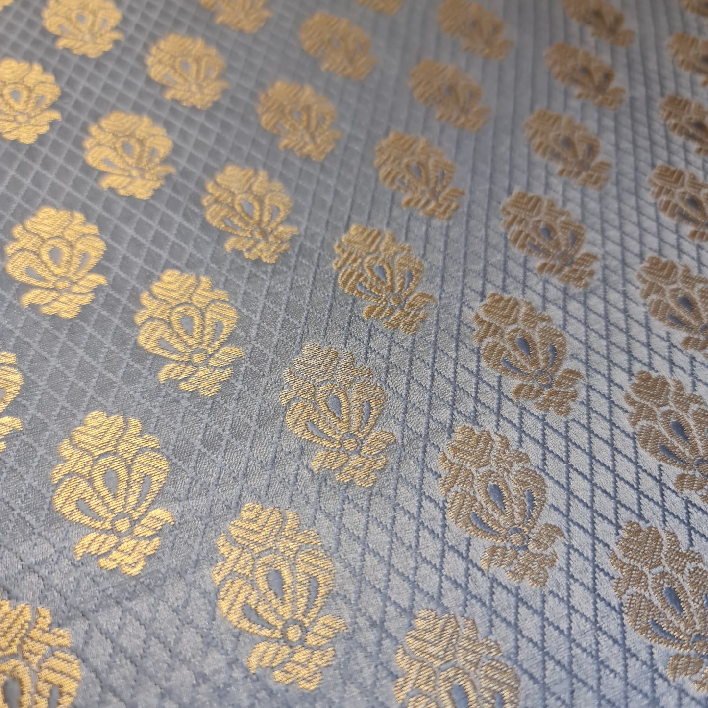 Grey Banarasi Brocade Fabric with Gold Zari Paisley Floral Design | Premium Indian Jacquard Material By Meter 44"