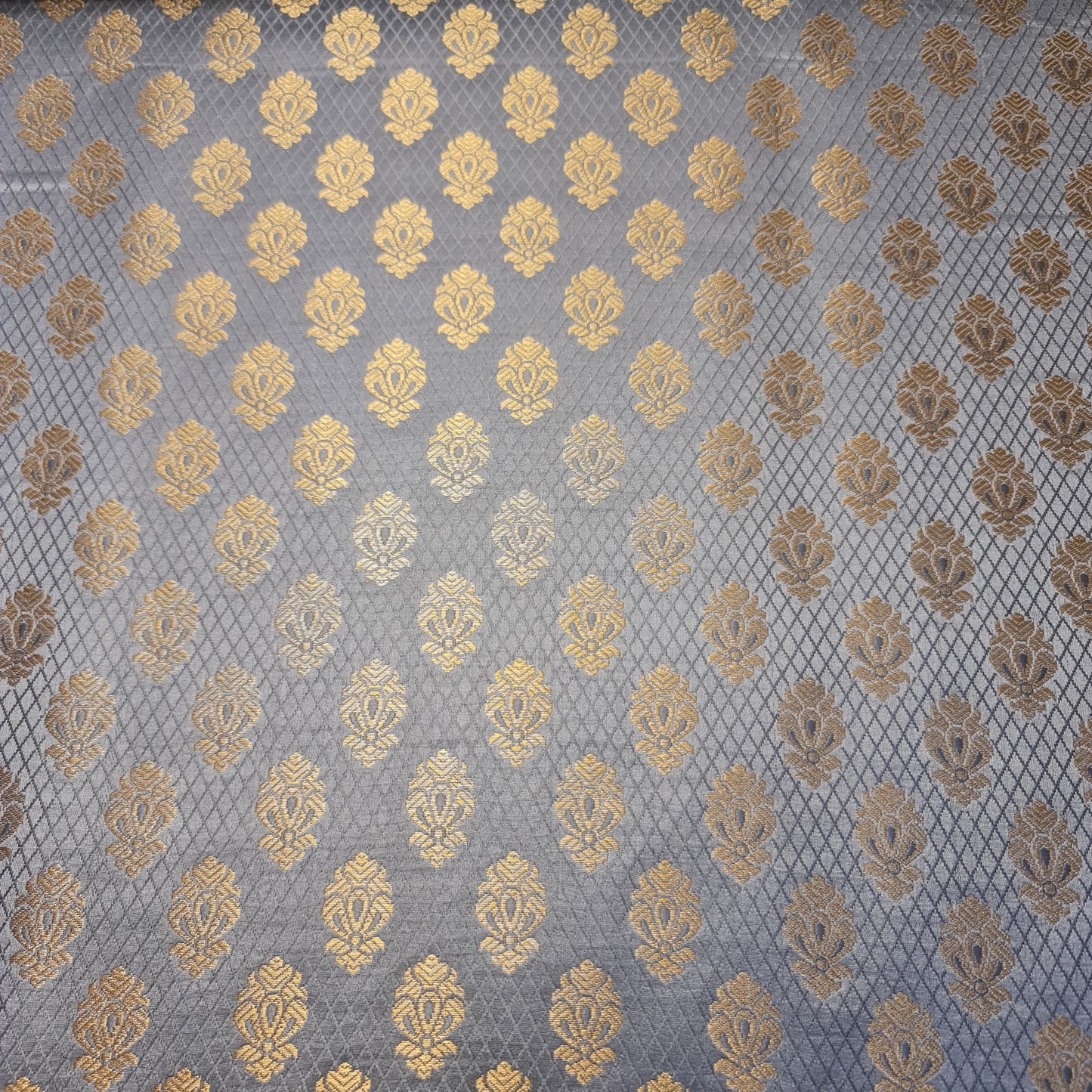 Grey Banarasi Brocade Fabric with Gold Zari Paisley Floral Design | Premium Indian Jacquard Material By Meter 44"