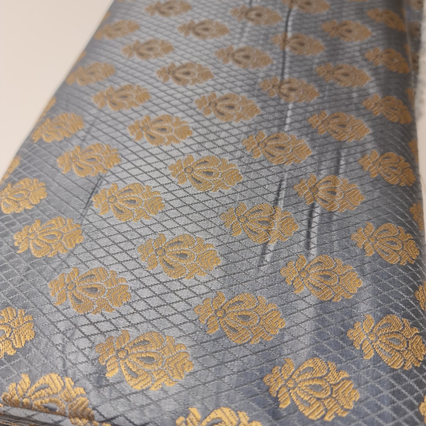 Grey Banarasi Brocade Fabric with Gold Zari Paisley Floral Design | Premium Indian Jacquard Material By Meter 44"