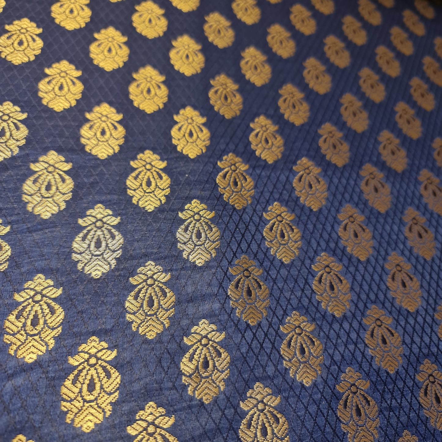 Navy Blue Banarasi Brocade Fabric with Gold Zari Floral Design | Premium Indian Jacquard Material By Meter 44"