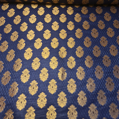 Navy Blue Banarasi Brocade Fabric with Gold Zari Floral Design | Premium Indian Jacquard Material By Meter 44"