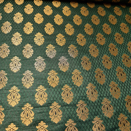 Bottle Green Banarasi Brocade Fabric with Gold Zari Paisley Floral Design | Premium Indian Jacquard Material By Meter 44"