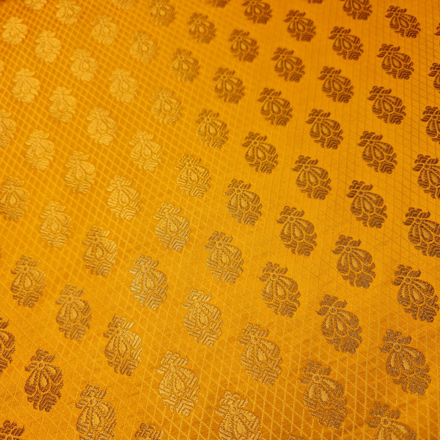 Mustard Banarasi Brocade Fabric with Gold Zari Paisley Floral Design | Premium Indian Jacquard Material By Meter 44"