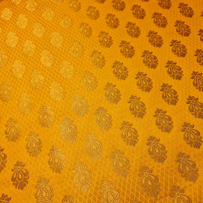Mustard Banarasi Brocade Fabric with Gold Zari Paisley Floral Design | Premium Indian Jacquard Material By Meter 44"