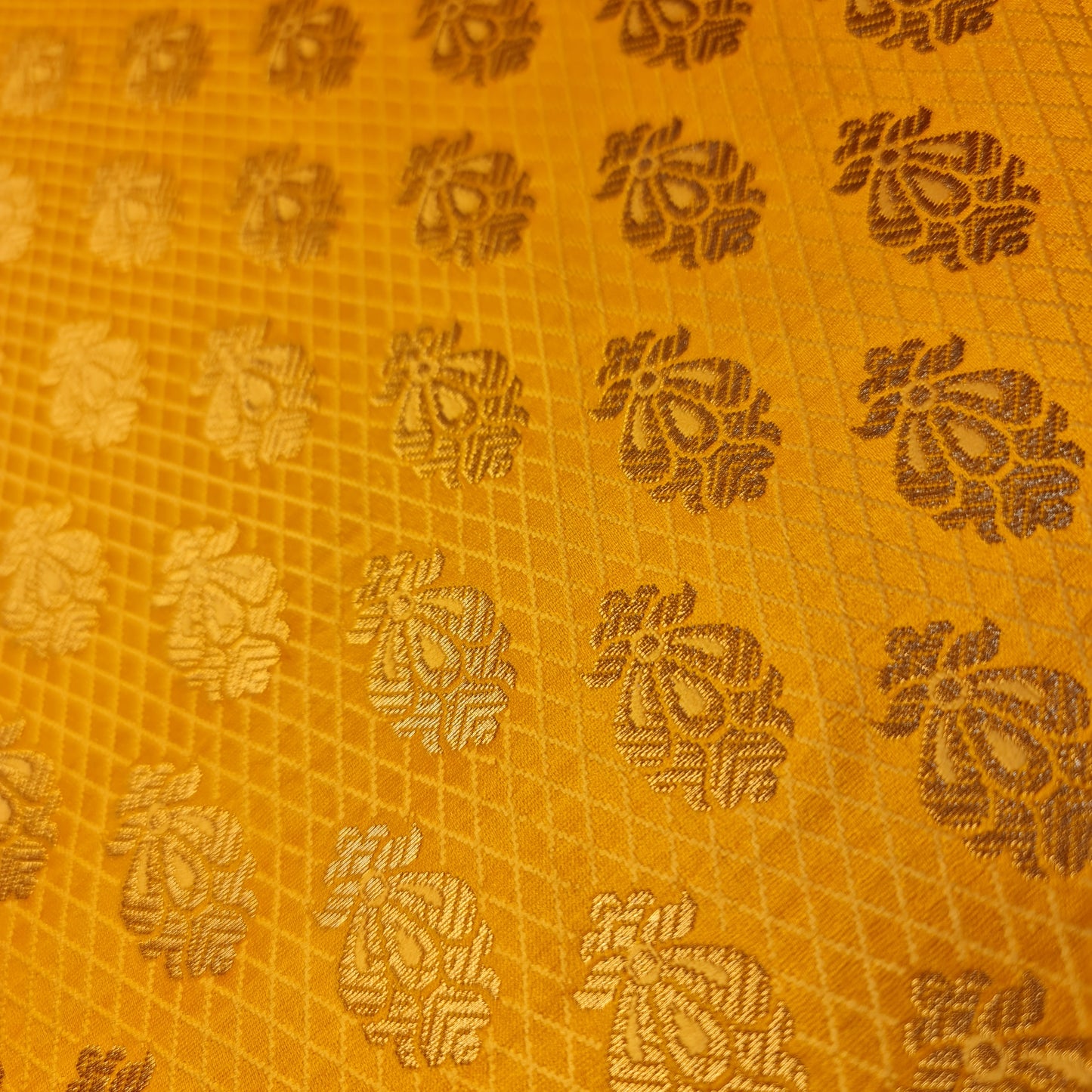 Mustard Banarasi Brocade Fabric with Gold Zari Paisley Floral Design | Premium Indian Jacquard Material By Meter 44"