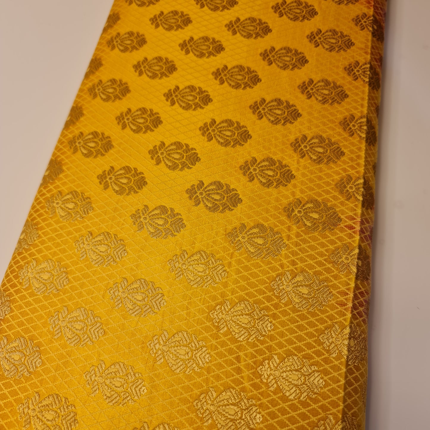 Mustard Banarasi Brocade Fabric with Gold Zari Paisley Floral Design | Premium Indian Jacquard Material By Meter 44"