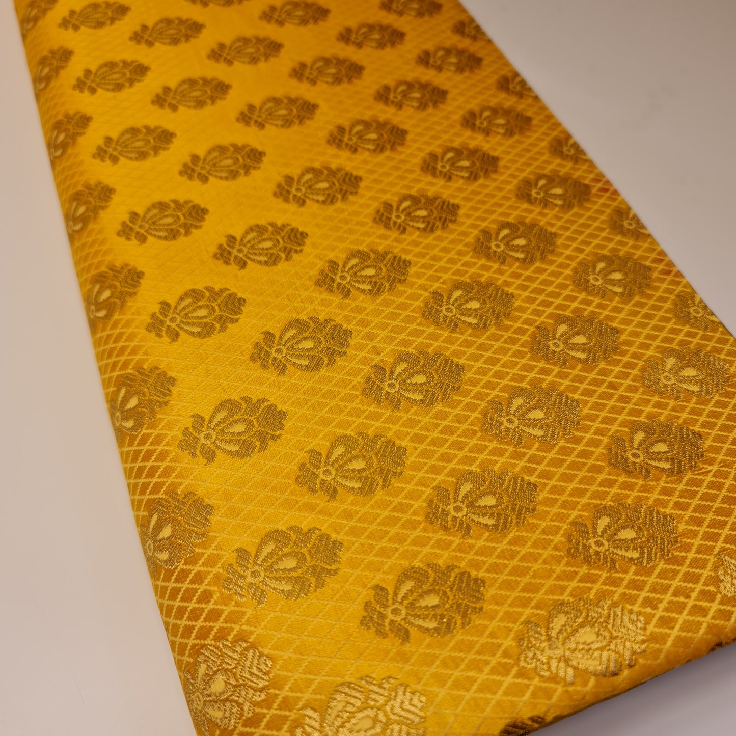 Mustard Banarasi Brocade Fabric with Gold Zari Paisley Floral Design | Premium Indian Jacquard Material By Meter 44"