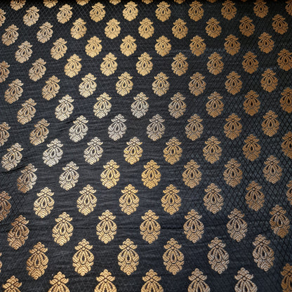 Black Banarasi Brocade Fabric with Gold Zari Paisley Floral Design | Premium Indian Jacquard Material By Meter 44"