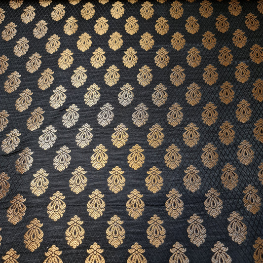 Black Banarasi Brocade Fabric with Gold Zari Paisley Floral Design | Premium Indian Jacquard Material By Meter 44"