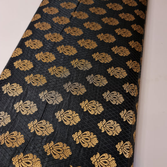 Black Banarasi Brocade Fabric with Gold Zari Paisley Floral Design | Premium Indian Jacquard Material By Meter 44"