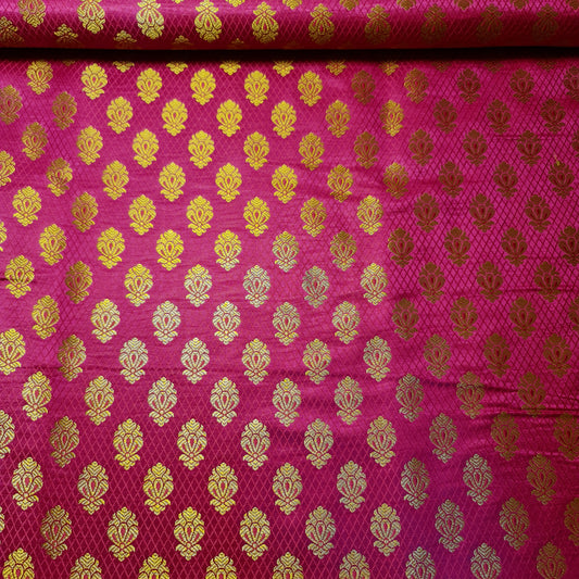 Cerise Pink Banarasi Brocade Fabric with Gold Zari Paisley Floral Design | Premium Indian Jacquard Material By Meter 44"