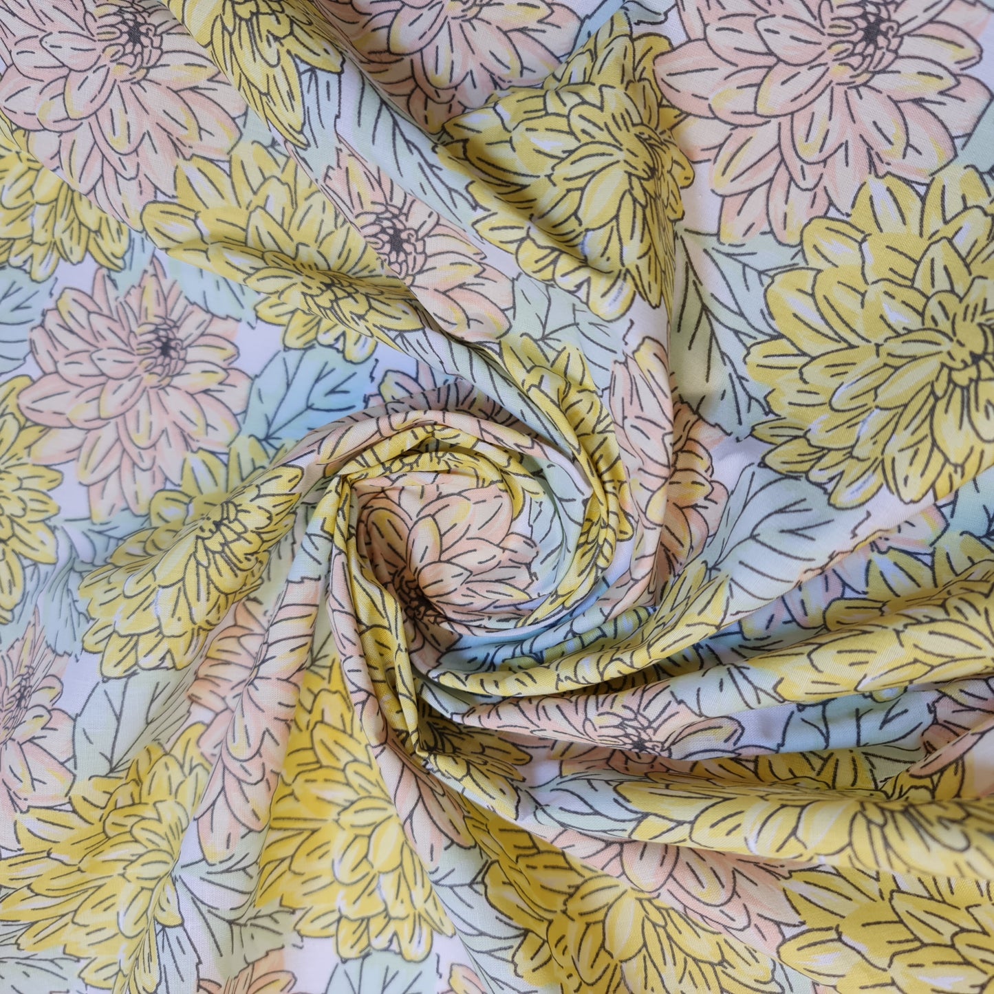 Polycotton Print Fabric 44" Wide – Pastel Chrysanthemum Floral | Sold by the Metre