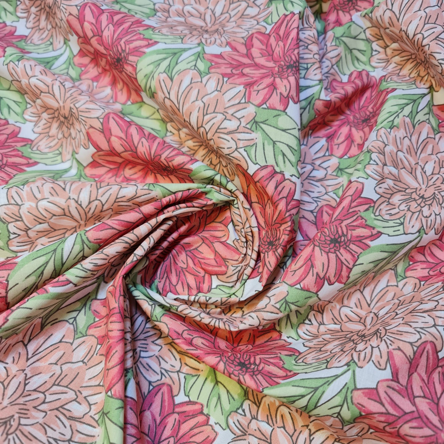 Pink Chrysanthemum Floral Polycotton Fabric 44" Wide | Floral Dressmaking Fabric by the Metre