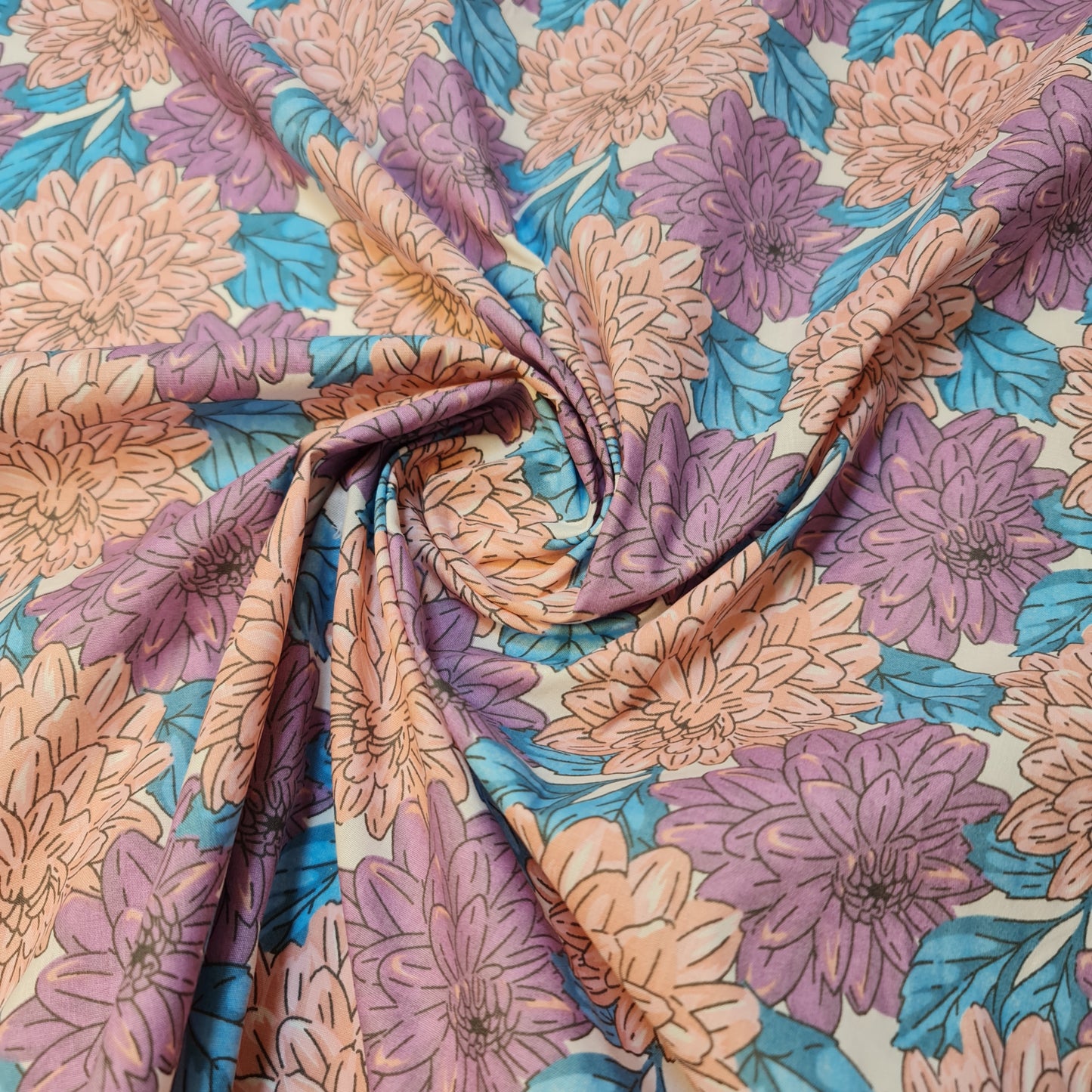 Purple & Peach Chrysanthemum Floral Polycotton Fabric 44" Wide | Floral Fabric by the Metre