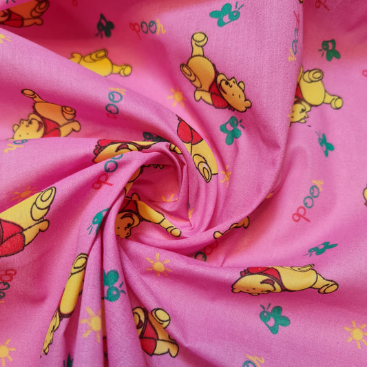 PINK WINNIE THE POOH BEAR POLY COTTON FABRIC CRAFT DRESS QUILTING MATERIAL 44" BY METER