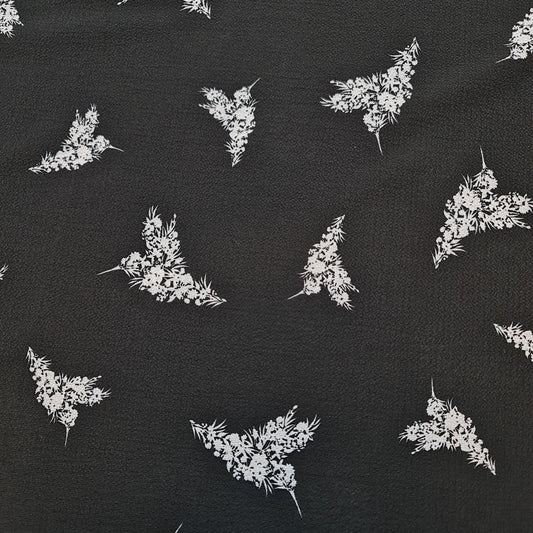 Black & White Crepe Floral Hummingbird Fabric Costume Craft Dress Material 58" By The Meter