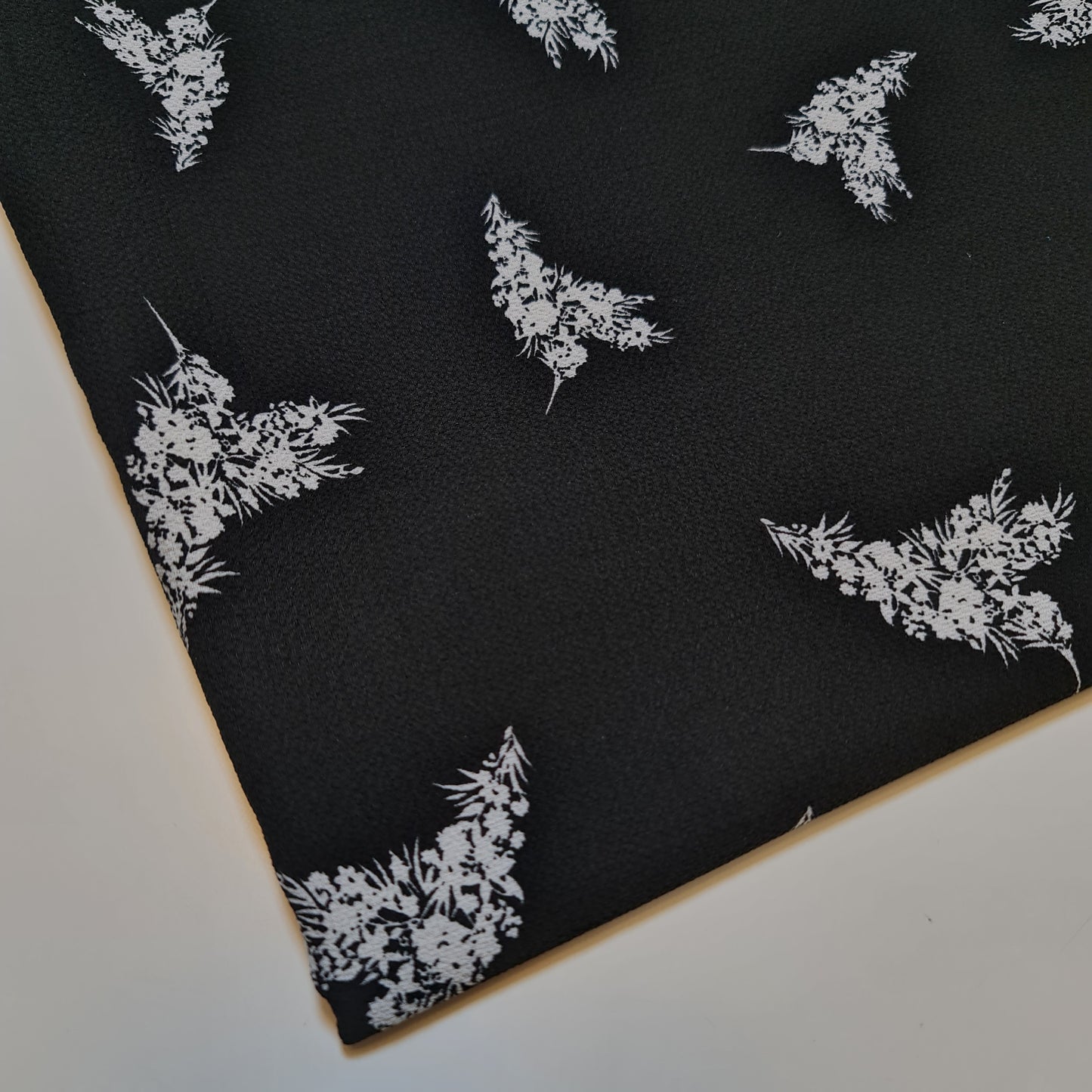 Black & White Crepe Floral Hummingbird Fabric Costume Craft  Dress Material 58" By The Meter