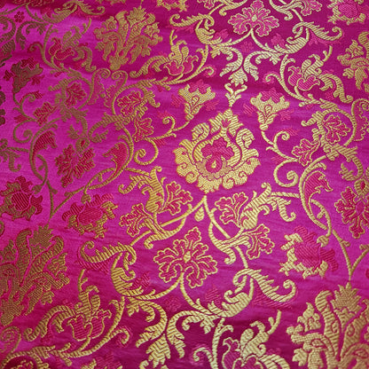Hot Pink Banarasi Brocade Fabric with Gold Zari Floral Design | Premium Indian Jacquard Material By Meter 44"