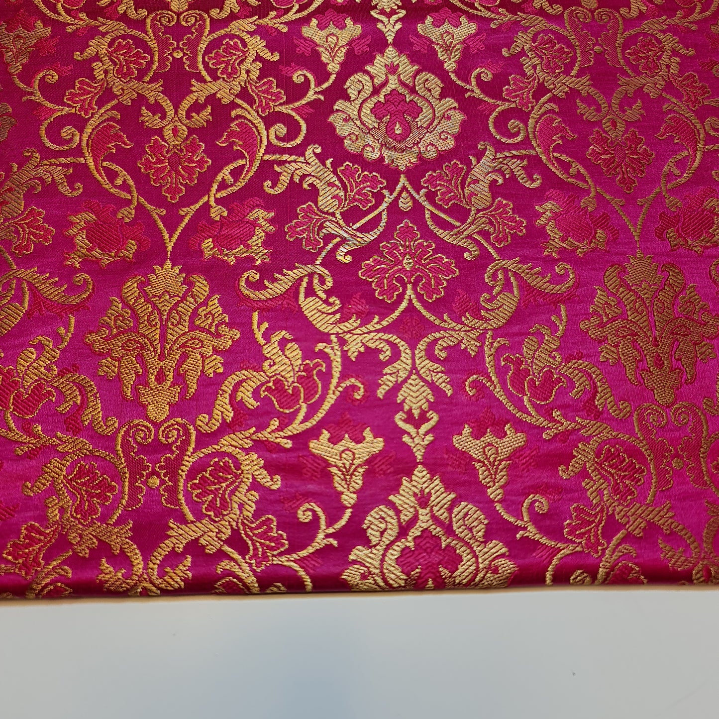 Hot Pink Banarasi Brocade Fabric with Gold Zari Floral Design | Premium Indian Jacquard Material By Meter 44"