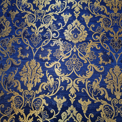 Navy Blue Banarasi Brocade Fabric with Gold Zari Floral Design | Premium Indian Jacquard Material By Meter 44"