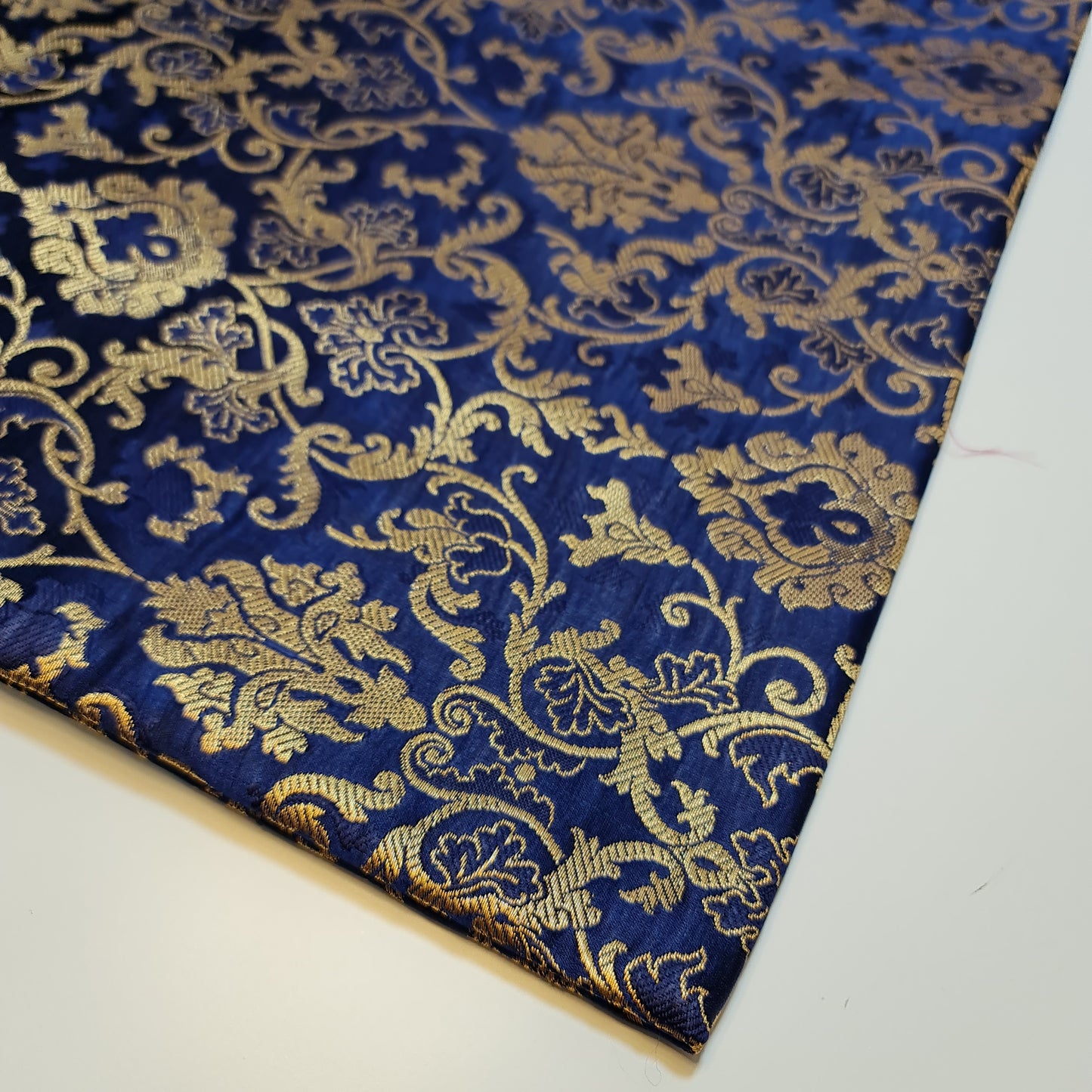 Navy Blue Banarasi Brocade Fabric with Gold Zari Floral Design | Premium Indian Jacquard Material By Meter 44"
