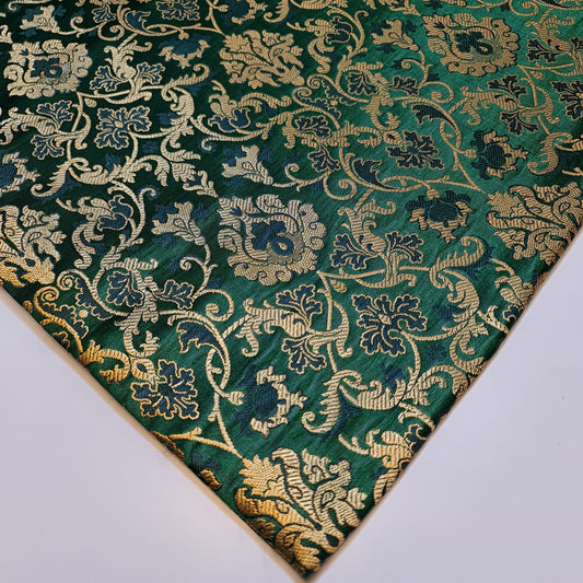 Bottle Green Banarasi Brocade Fabric with Gold Zari Floral Design | Premium Indian Jacquard Material By Meter 44"
