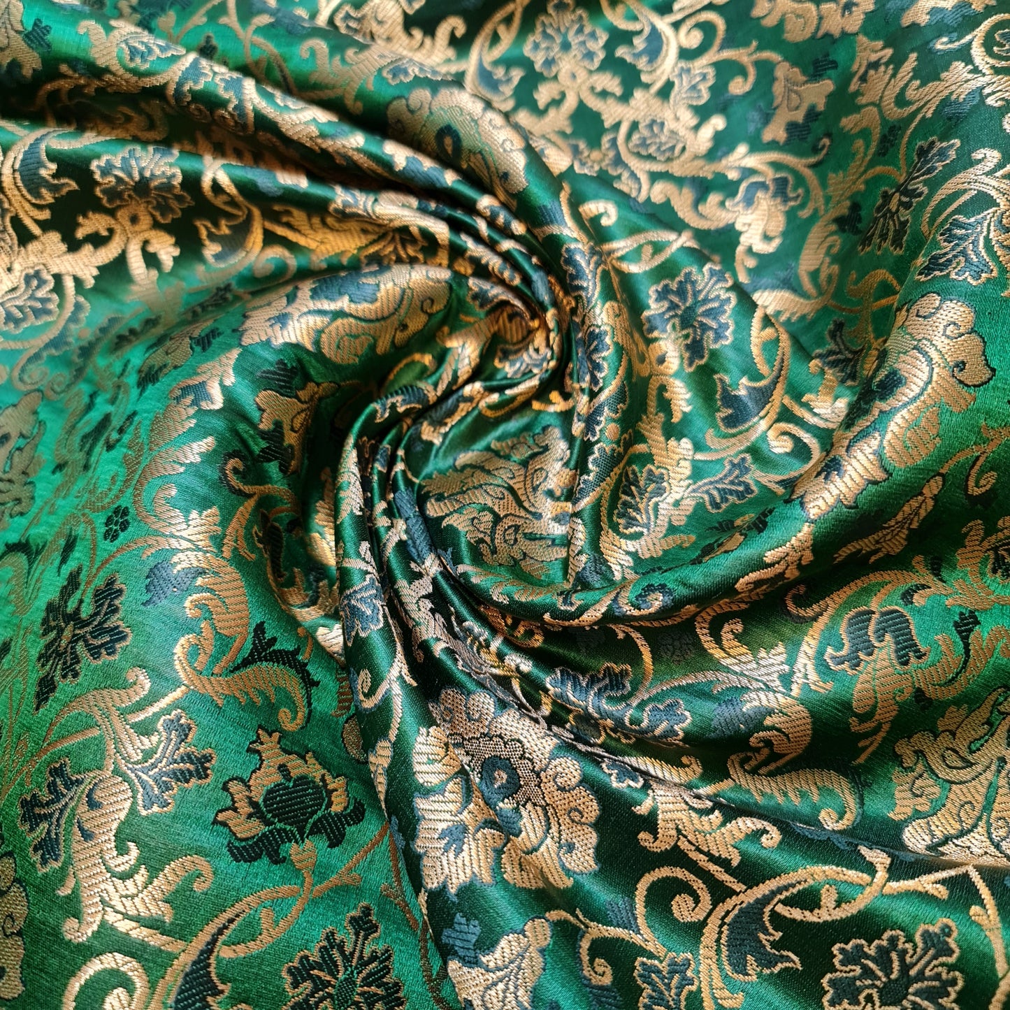 Bottle Green Banarasi Brocade Fabric with Gold Zari Floral Design | Premium Indian Jacquard Material By Meter 44"