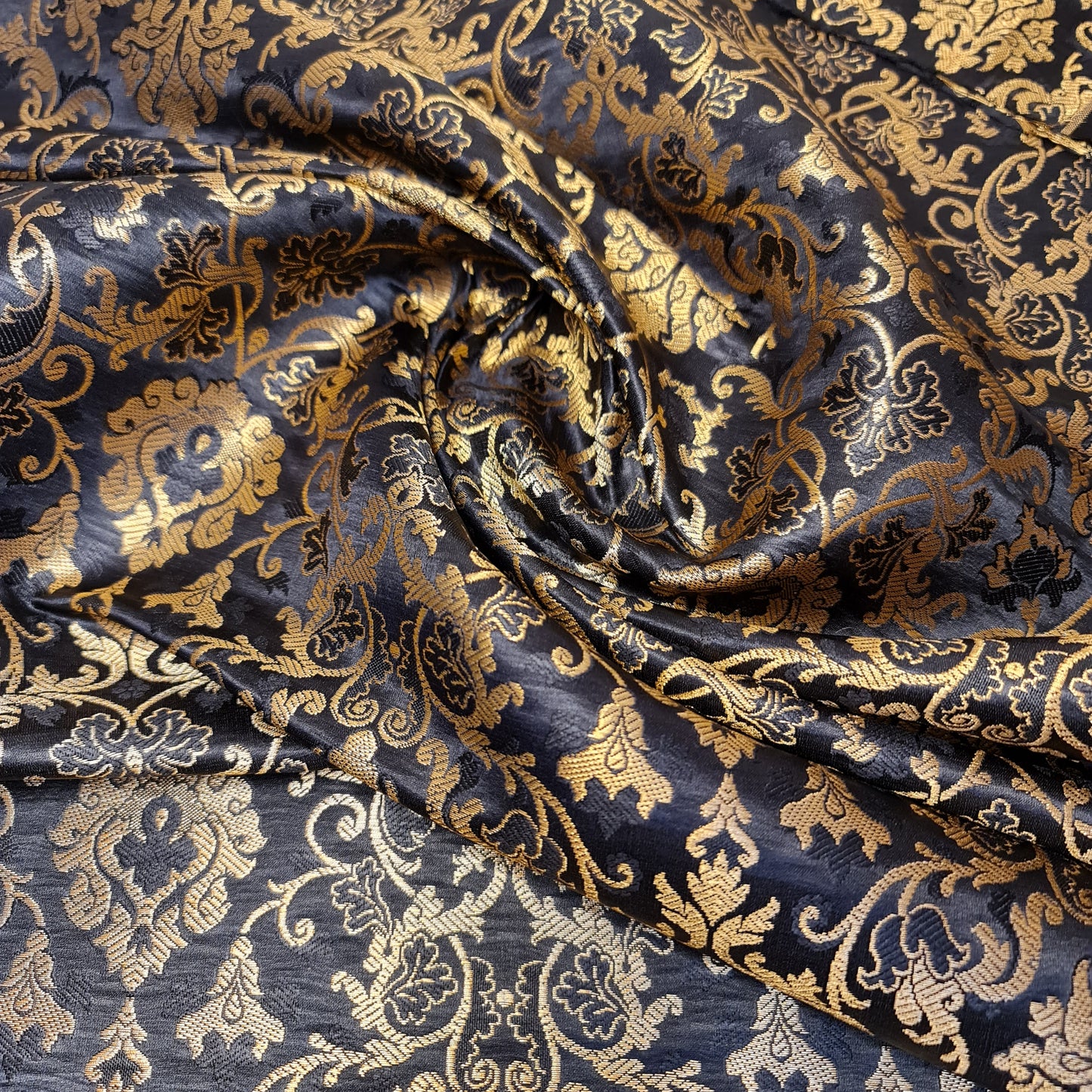 Black Banarasi Brocade Fabric with Gold Zari Floral Design | Premium Indian Jacquard Material By Meter 44"