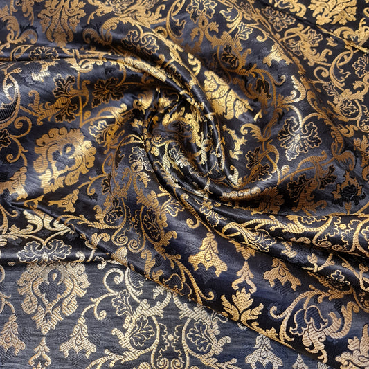 Black Banarasi Brocade Fabric with Gold Zari Floral Design | Premium Indian Jacquard Material By Meter 44"