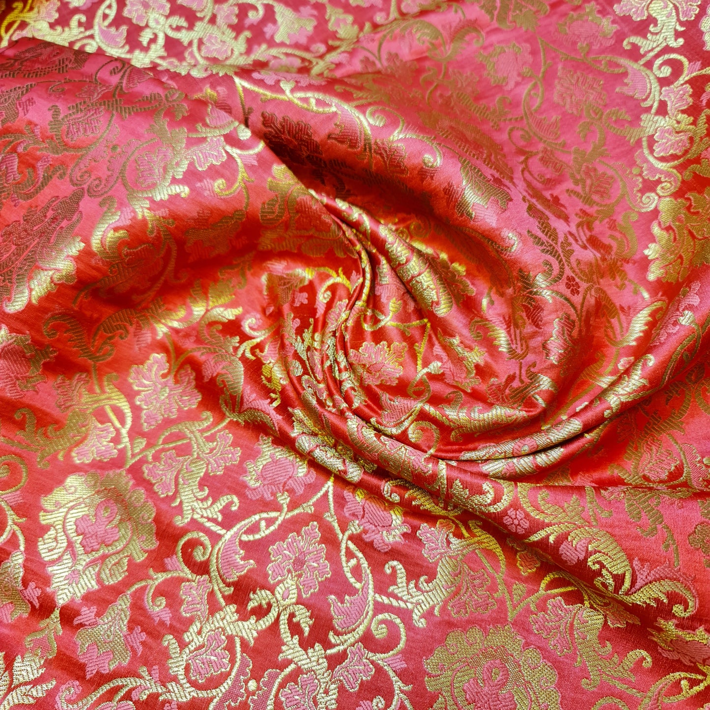 Coral Banarasi Brocade Fabric with Gold Zari Floral Design | Premium Indian Jacquard Material By Meter 44"