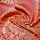 Coral Banarasi Brocade Fabric with Gold Zari Floral Design | Premium Indian Jacquard Material By Meter 44"
