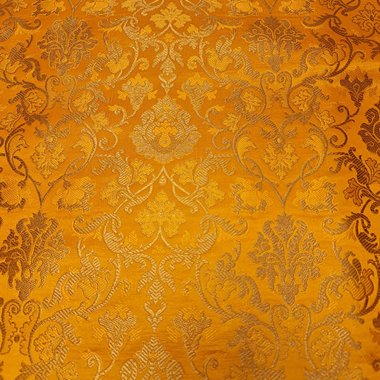 Yellow Banarasi Brocade Fabric with Gold Zari Floral Design | Premium Indian Jacquard Material By Meter 44"