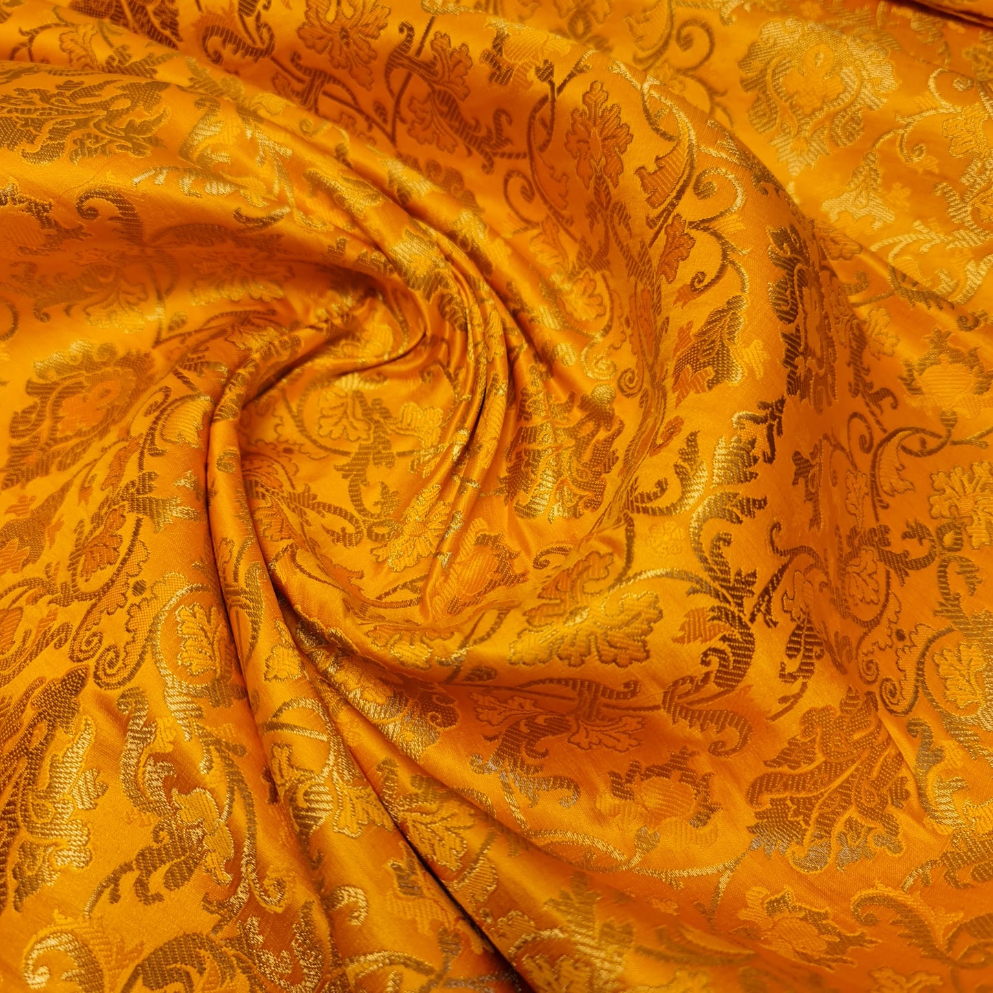 Yellow Banarasi Brocade Fabric with Gold Zari Floral Design | Premium Indian Jacquard Material By Meter 44"