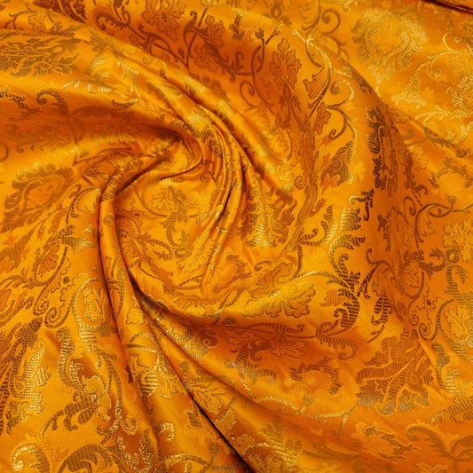 Yellow Banarasi Brocade Fabric with Gold Zari Floral Design | Premium Indian Jacquard Material By Meter 44"