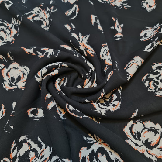 Black Floral Roses Soft Poly Crepe Dress Drape Craft Fabric 58" By The Meter