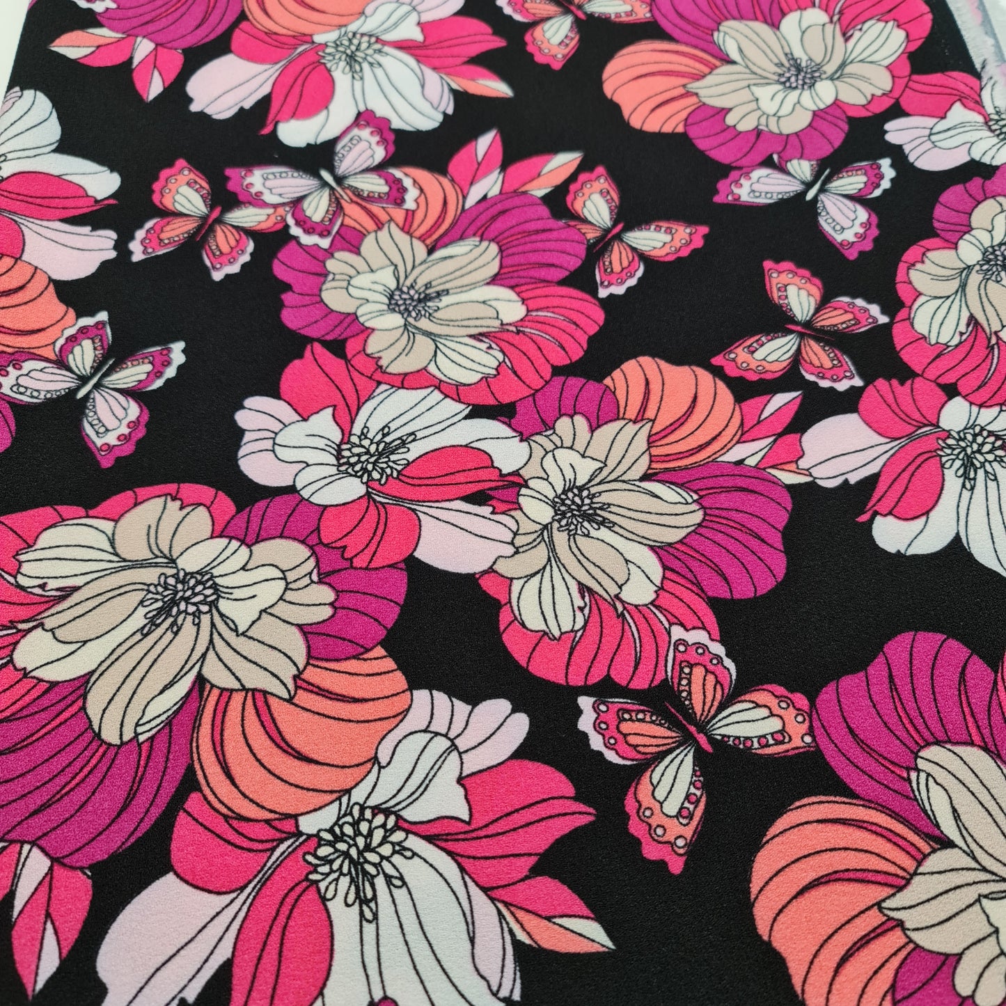 Black Crepe Material Pink Floral Butterfly Dress Drape Craft Fabric 58" Meter