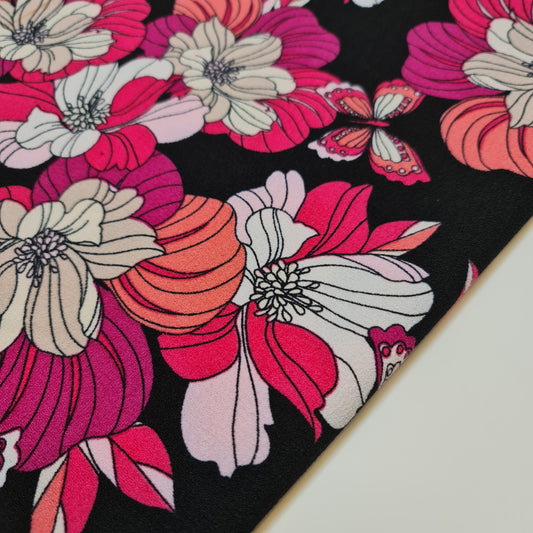 Black Crepe Material Pink Floral Butterfly Dress Drape Craft Fabric 58" Meter