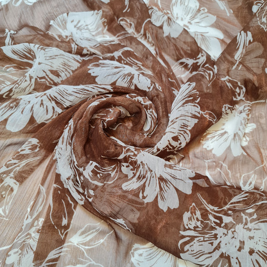 Floral Embroidery Brown Crepe Fabric Sheer Dress Craft Material 58" By The Meter