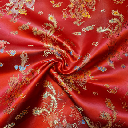 Traditioneller chinesischer bestickter Brokat, Poly-Seiden-Satin, orientalischer Drachendruck, Meterware (Gold)