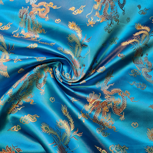 Turquoise Oriental Chinese Embroidery Brocade Fabric | Poly Silk Satin Jacquard | Traditional Costume & Craft Material | 36” Wide (Sold by the Meter)